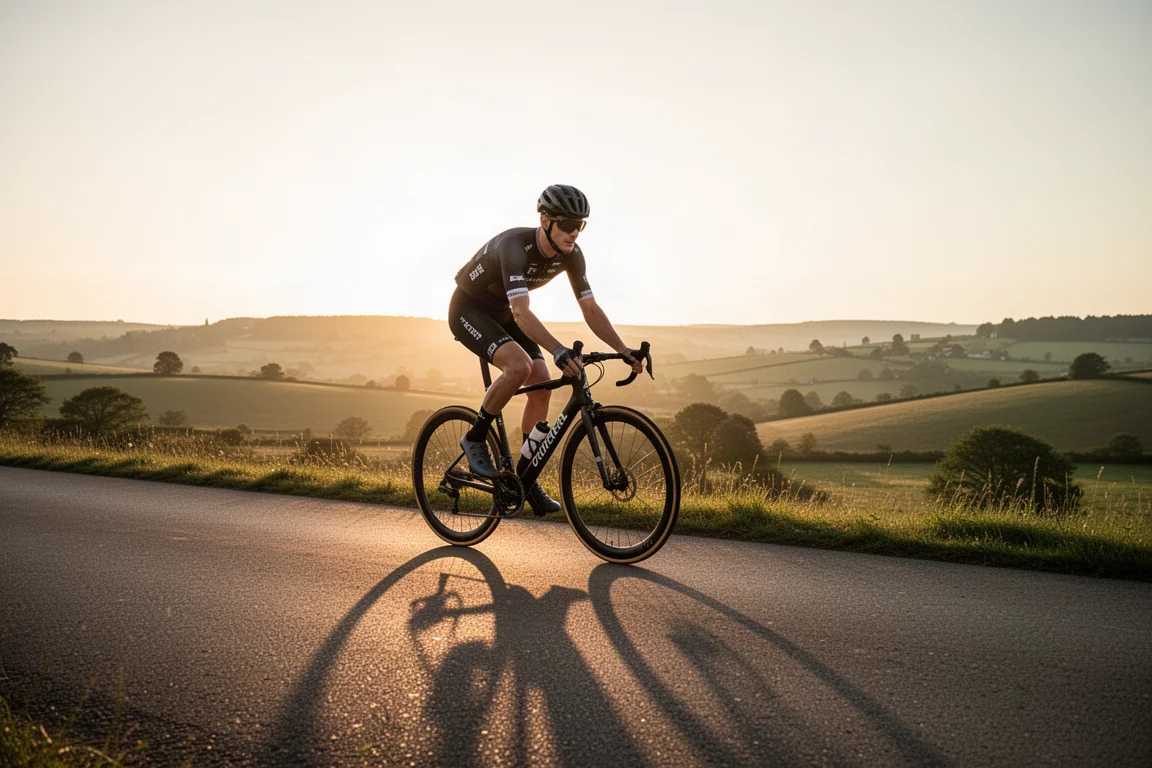 Road cyclist riding on a smooth tarmac road at sunrise