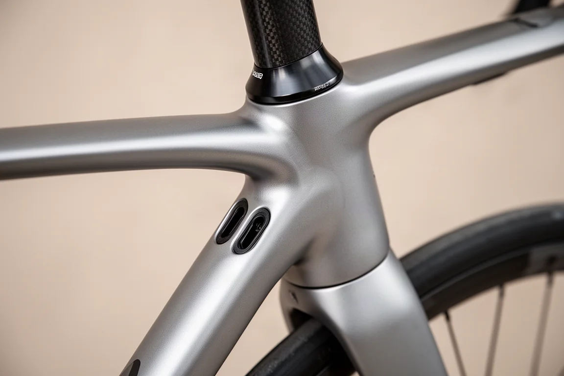 Close-up of a road bike frame junction showing aluminium welds and cables