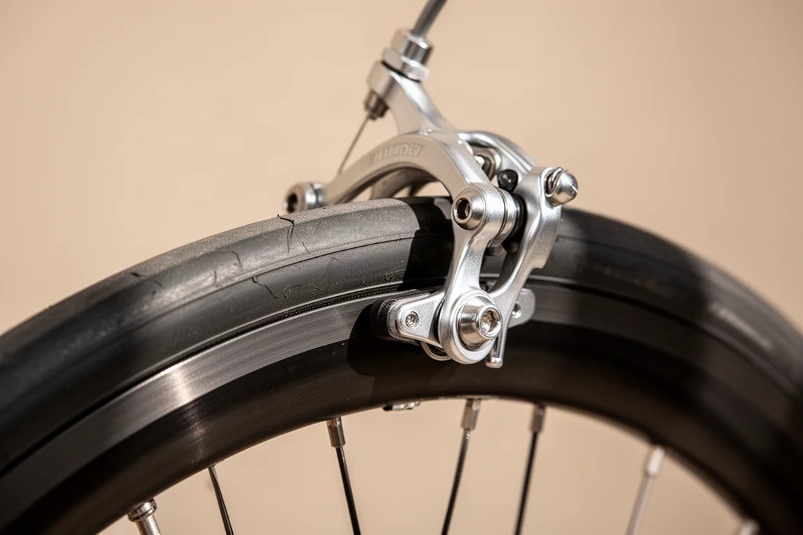 Rim brake caliper and wheel rim on a road bike in soft light