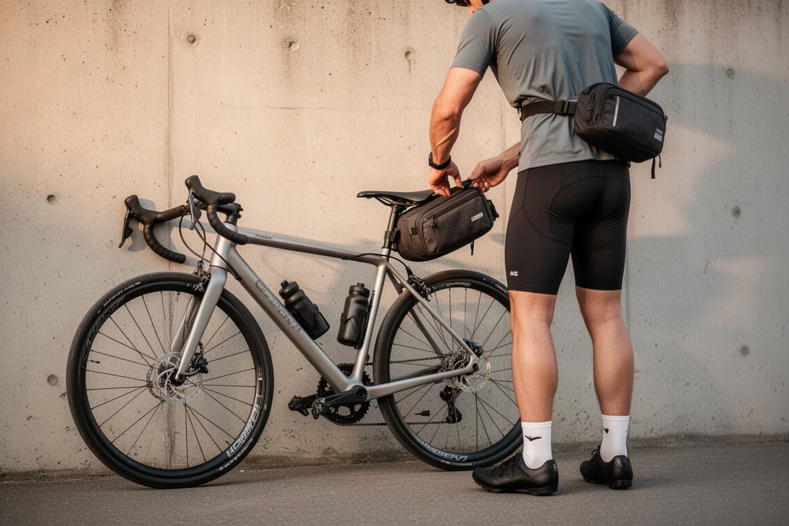 Road bike leaning against a wall with a rider checking gear