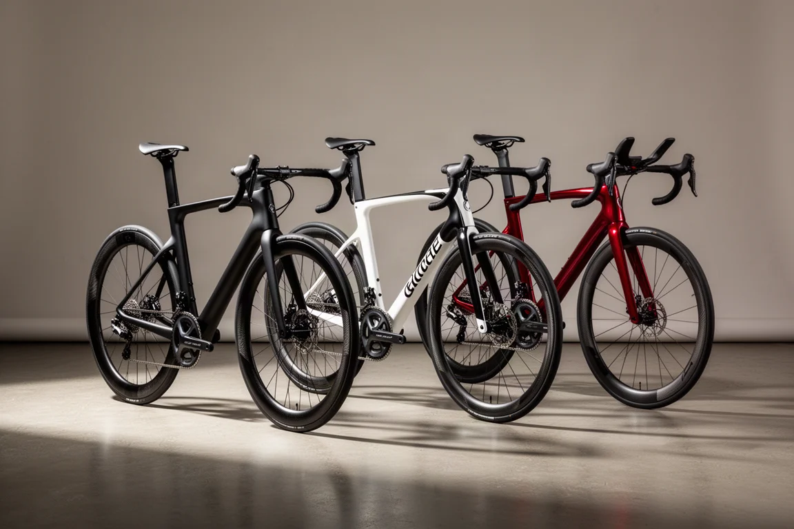 Tres bicicletas de carretera modernas dispuestas una al lado de la otra en un estudio luminoso sobre un suelo de hormigón