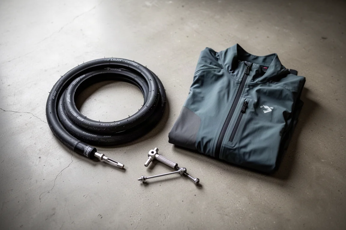 Draufsicht-Flat-Lay von Tubeless-Reifen, Reparaturwerkzeug und gefalteter Rennradjacke auf Beton