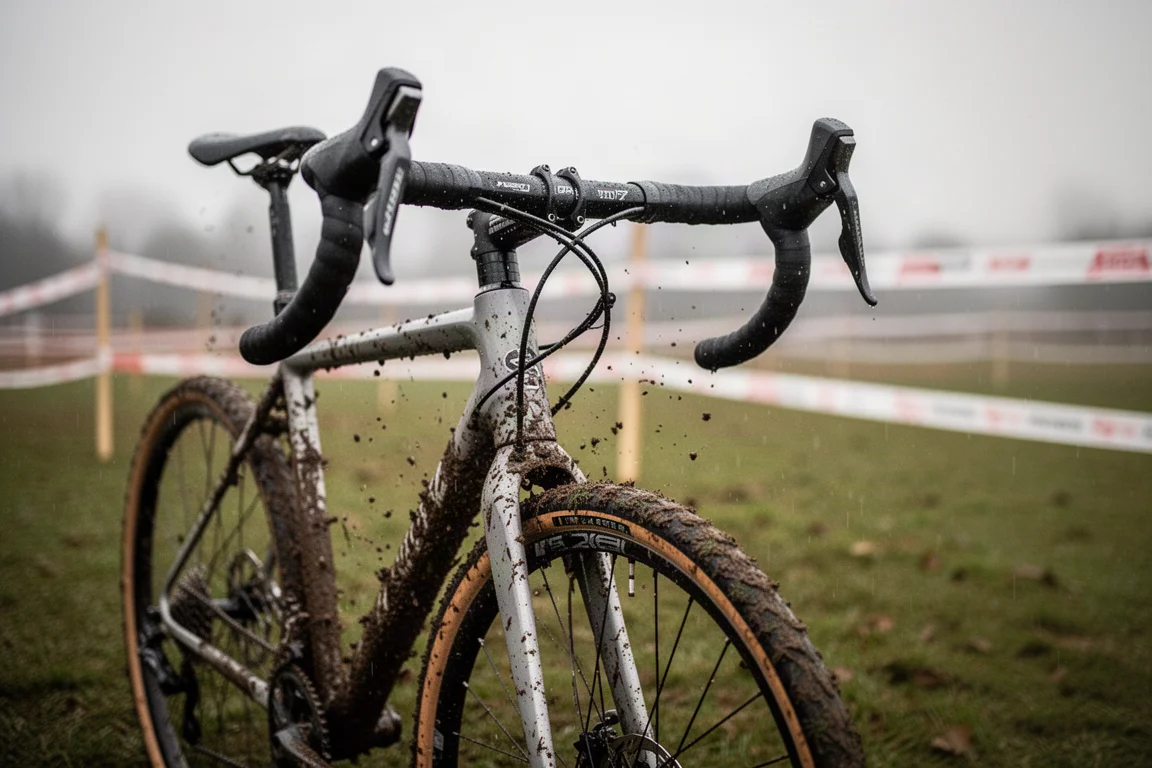 Schlammbespritzter Cyclocross-Lenker und Vorderrad auf nassem Rasenkurs