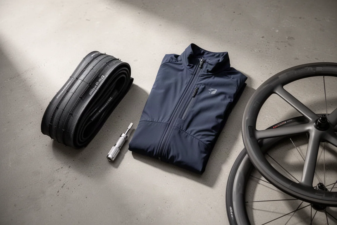 Flatlay van wielrenuitrusting met tubeless band, reparatiegereedschap, jas en wiel