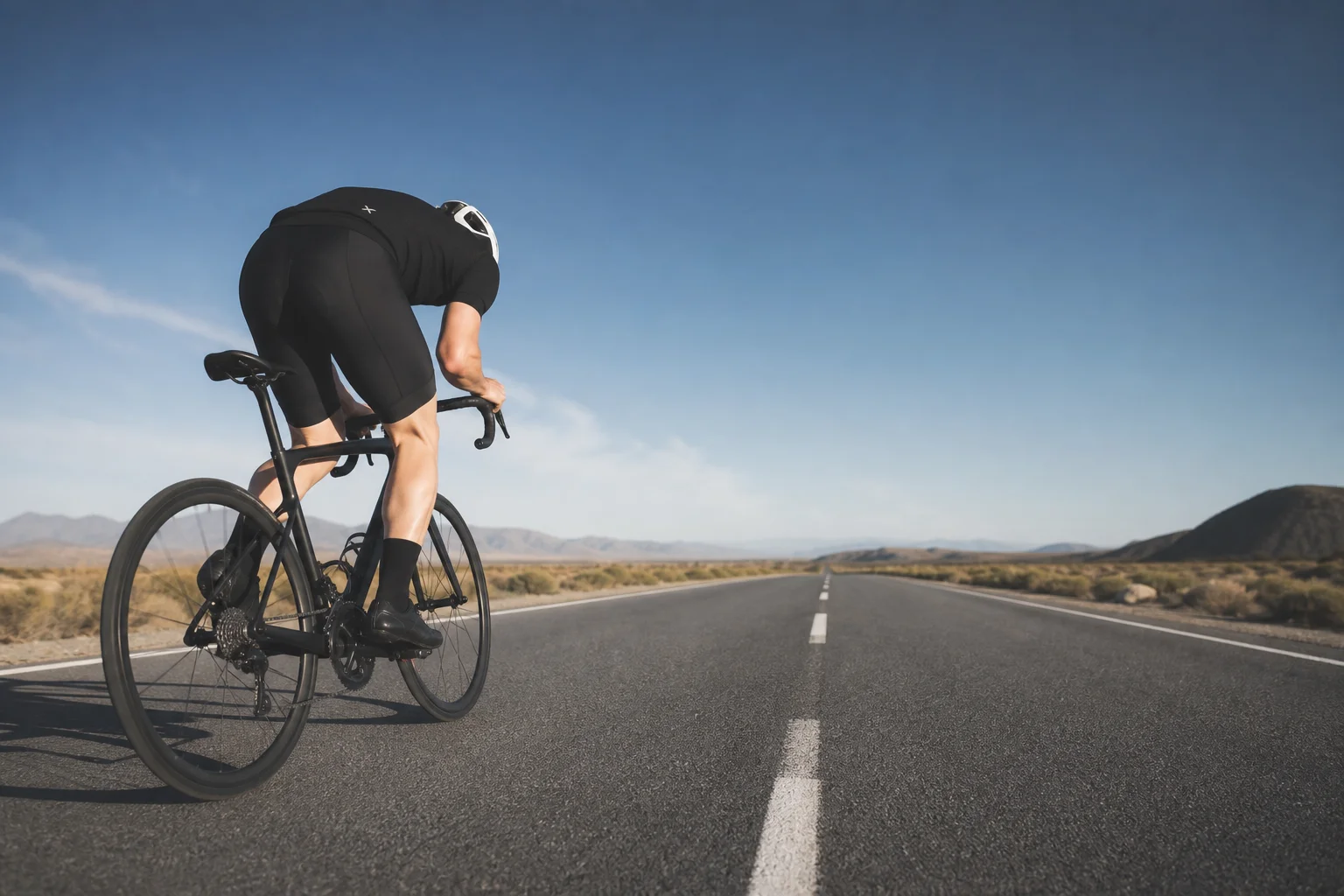 Road cyclist in aerodynamic position on open road with clear sky