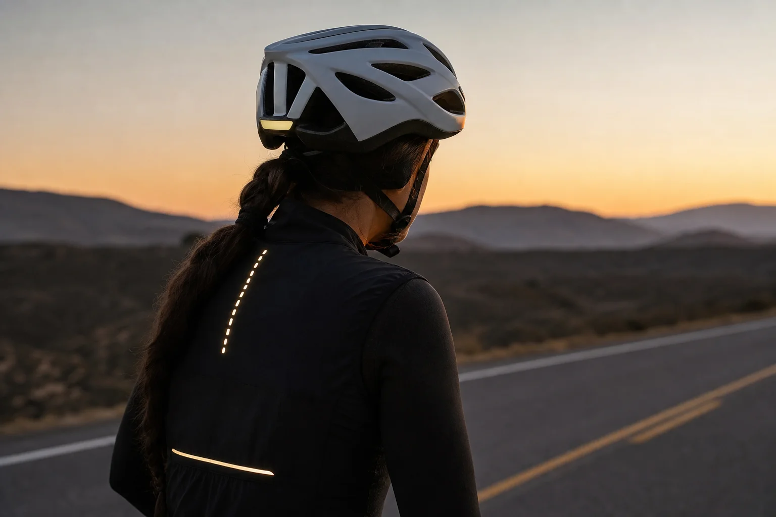 Cyclist wearing road helmet with reflective elements visible at dusk