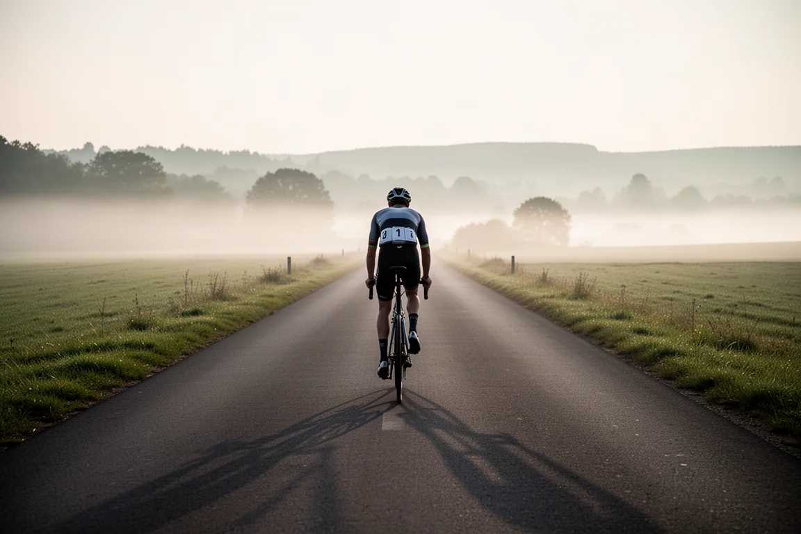 Cycliste sur route roulant sur une route de campagne ouverte au lever du soleil, avec une brume légère devant