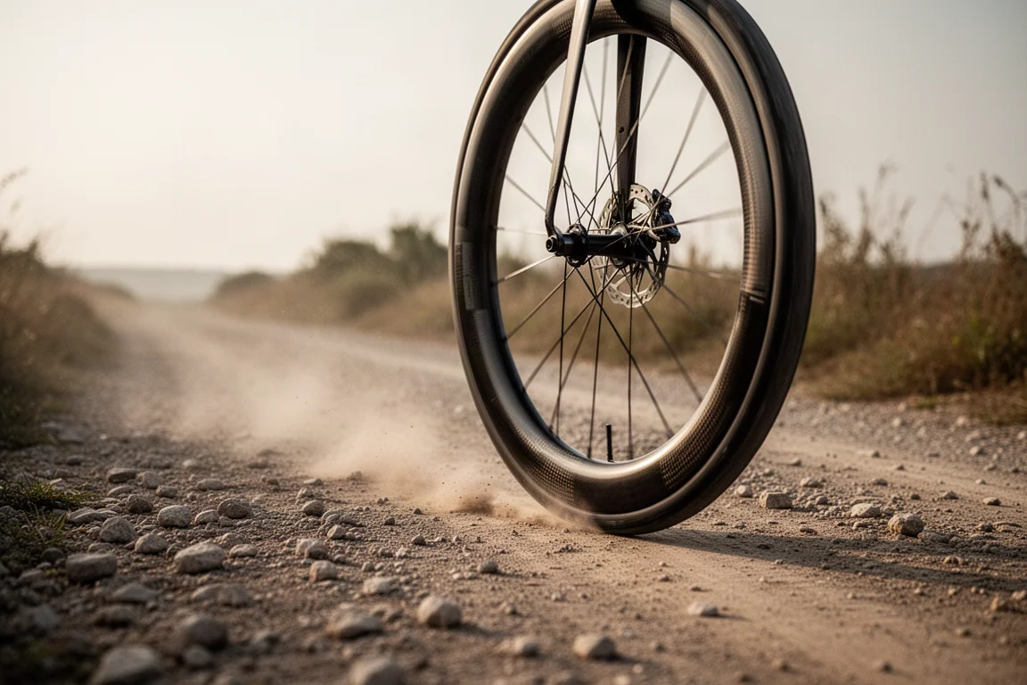 Roue carbone à profil haut roulant sur une route de gravier meuble avec de la poussière dans l'air