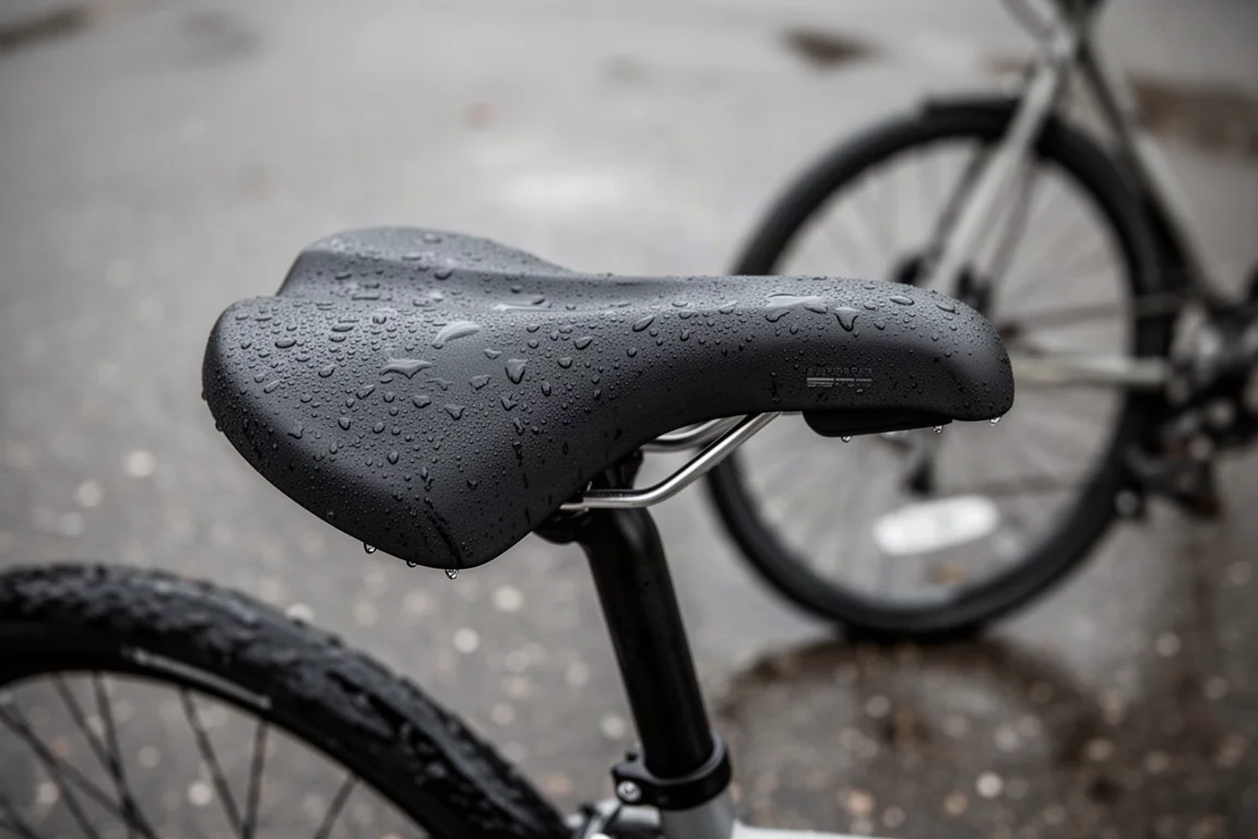 Détail d'une selle de vélo de route et de la tige de selle sur une route mouillée et graveleuse après la pluie