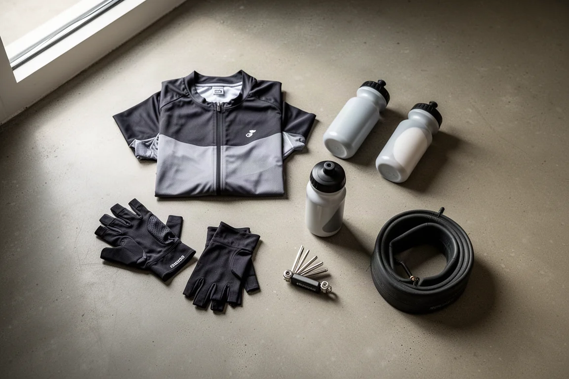 Vue de dessus à plat de vêtements et accessoires de cyclisme sur un sol en béton