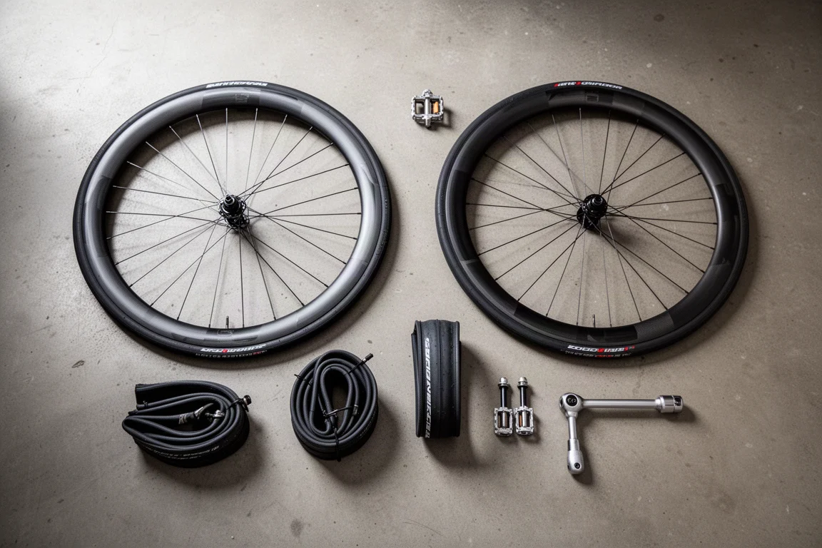 Vue de dessus à plat de paires de roues carbone, de pneus route et de pédales sur un sol d'atelier en béton
