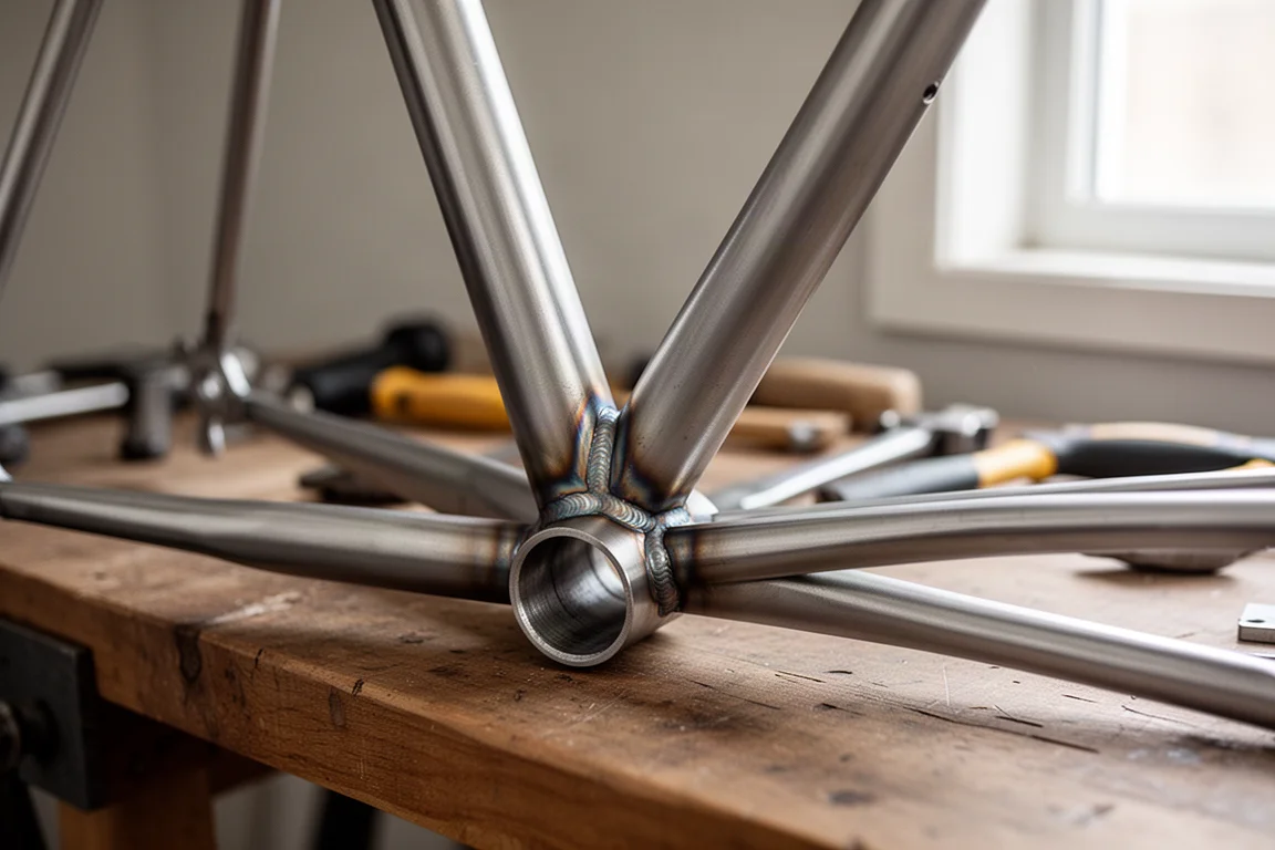 Détail de tubes de cadre de vélo en métal brut à une jonction soudée sur un établi