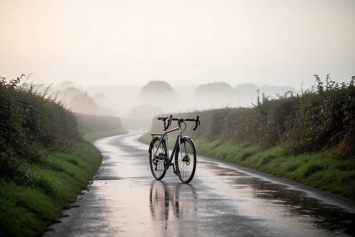 Vélo de route avec garde-boue fins roulant sur une petite route de campagne mouillée à l'aube