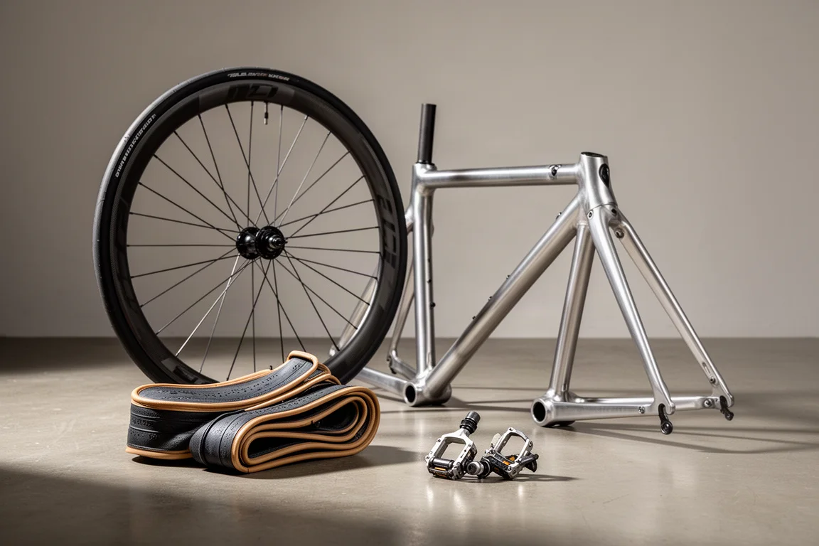 Deep-section wheelset, road tyres, magnesium frame and power meter pedals on a concrete studio floor
