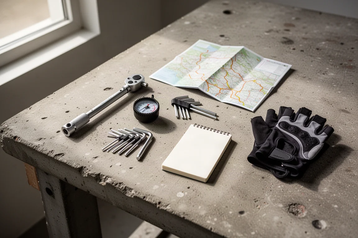 Flatlay van fietstools, bandenspanningsmeter, routekaart en handschoenen op een betonnen werkbank