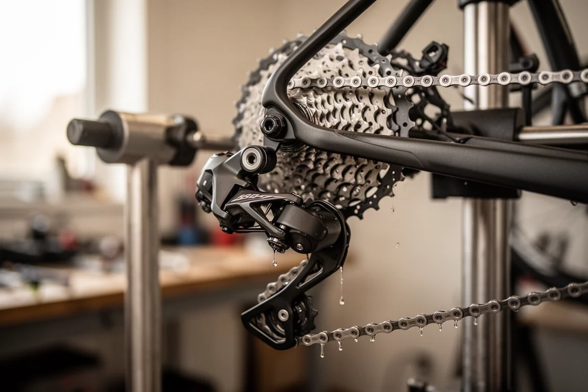 Close-up van een achterderailleur, ketting en cassette van een racefiets in een werkplaats