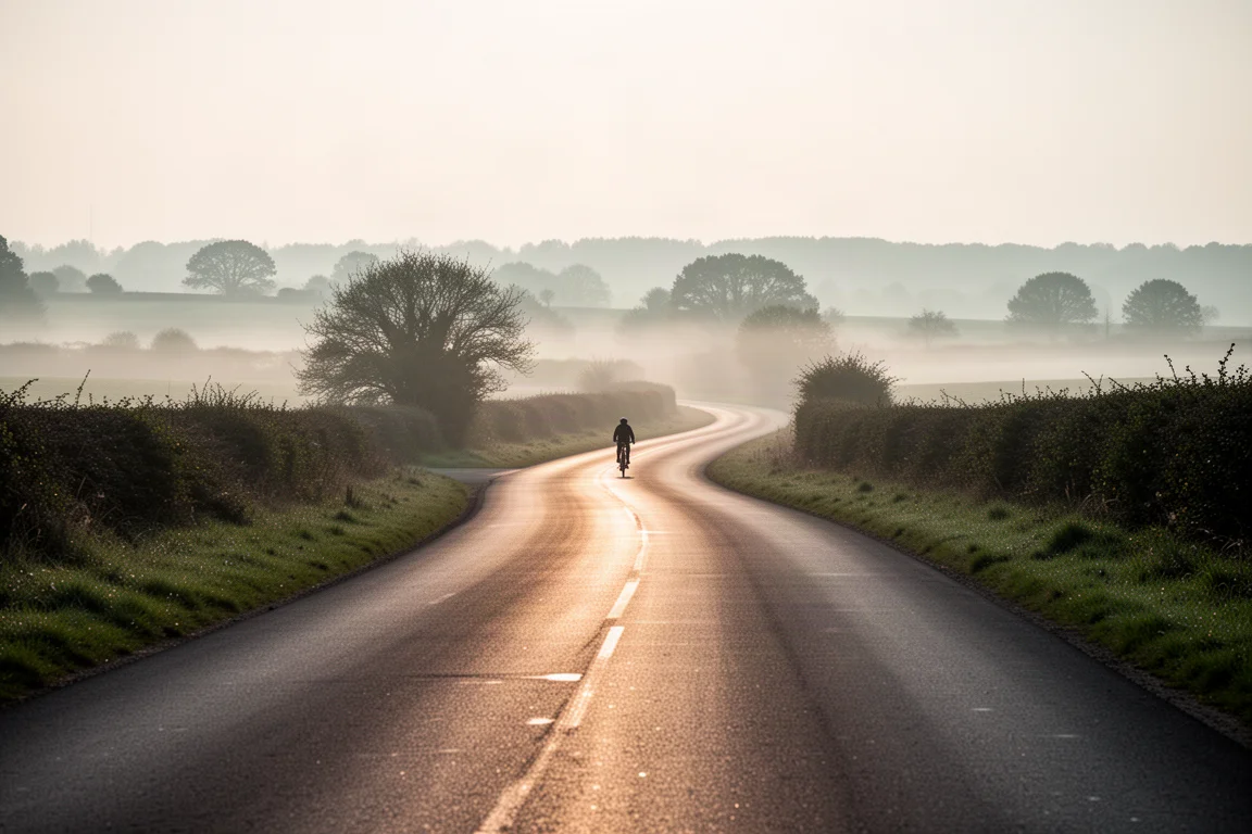 Lege landweg bij zonsopgang met mist en een silhouet van een fietser in de verte