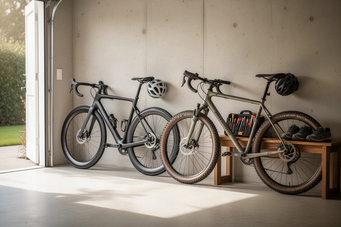 Racefiets en gravelfiets tegen een betonnen garagewand met uitrusting op een bank