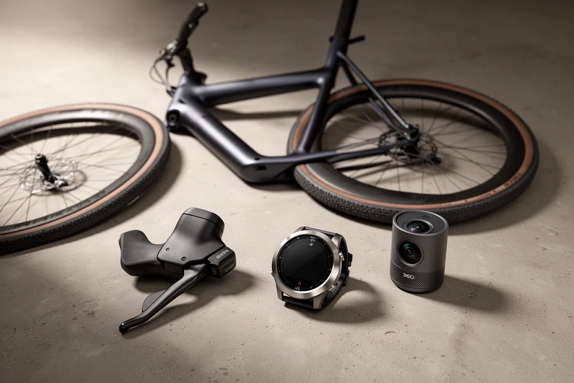Fietsproducten op beton: aero gravelframe, shifter, titanium horloge en 360-camera