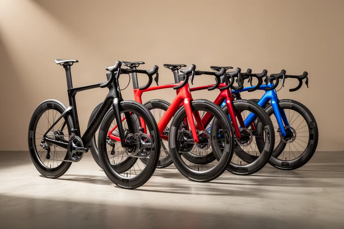 Rij van zes moderne racefietsen met hoogprofielwielen tegen een grijze achtergrond