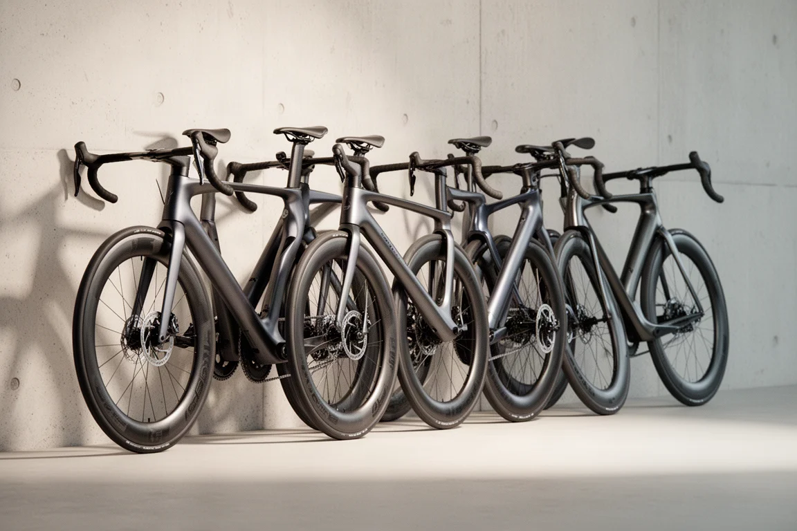 淡い色のコンクリート壁を背に並んだ5台の現代カーボンロードレースバイク