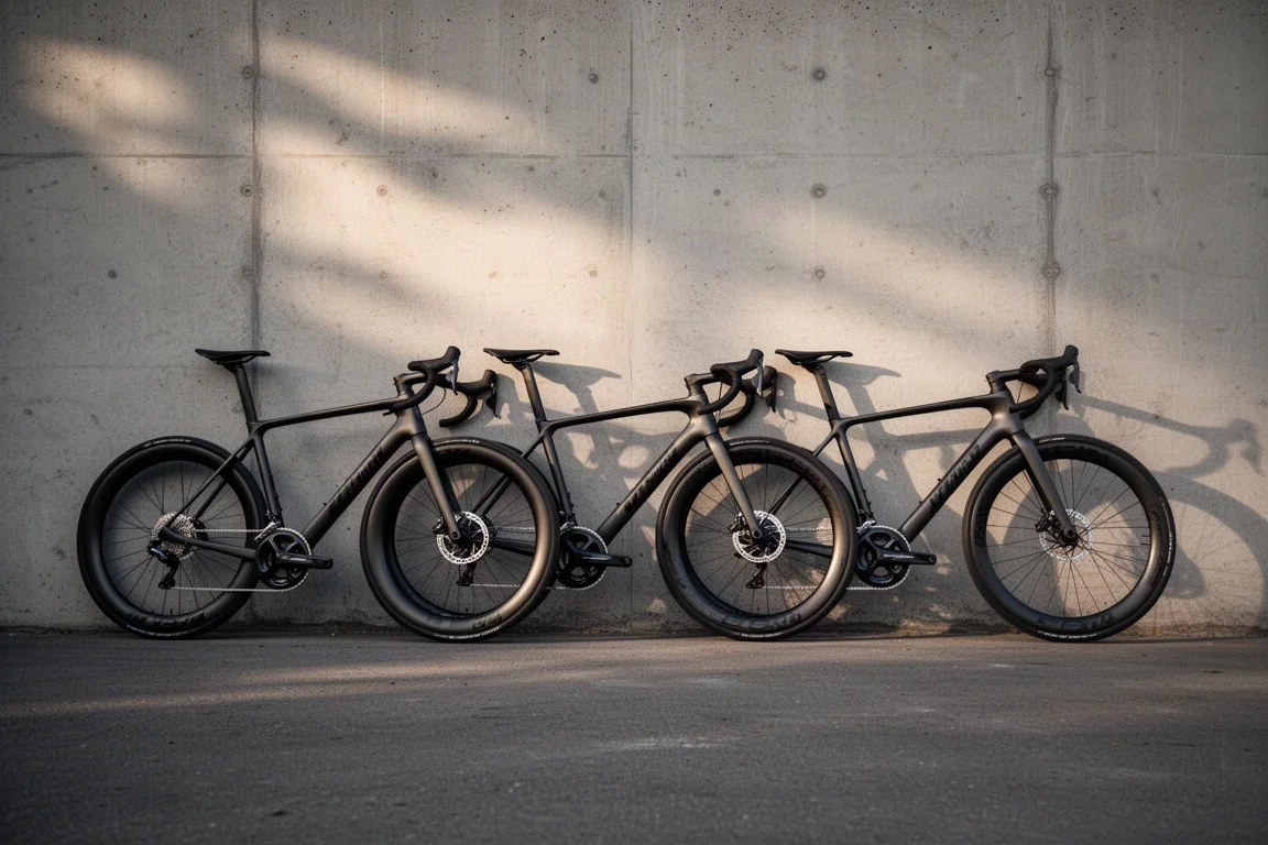 Trois vélos de course sur route appuyés contre un mur en béton dans une lumière douce