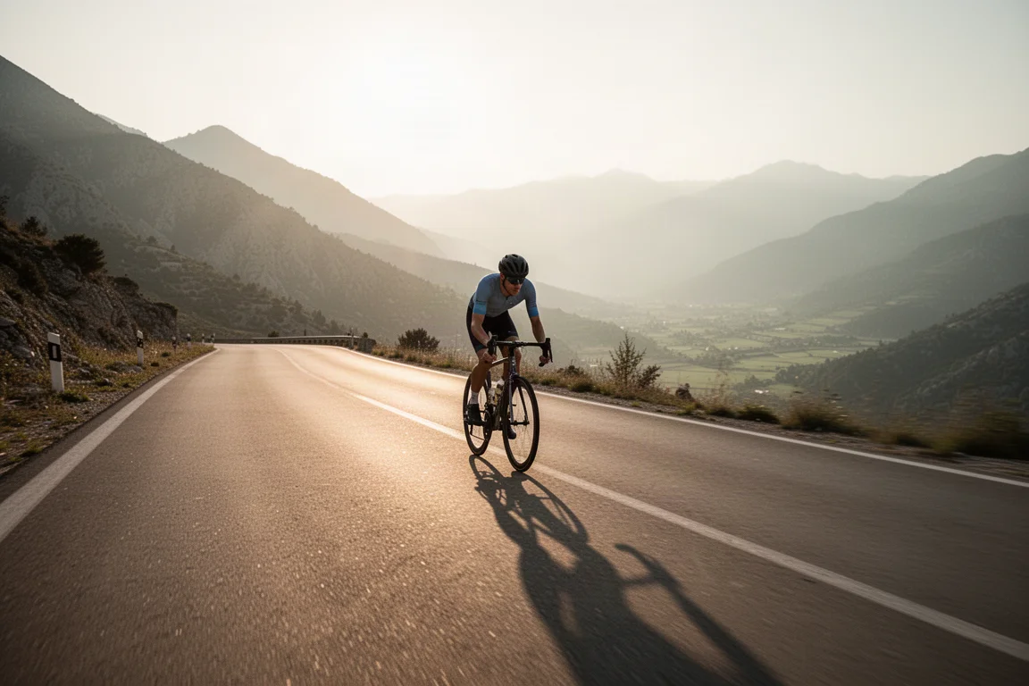 Cycliste roulant à vive allure sur une longue route de montagne rectiligne sous un soleil bas