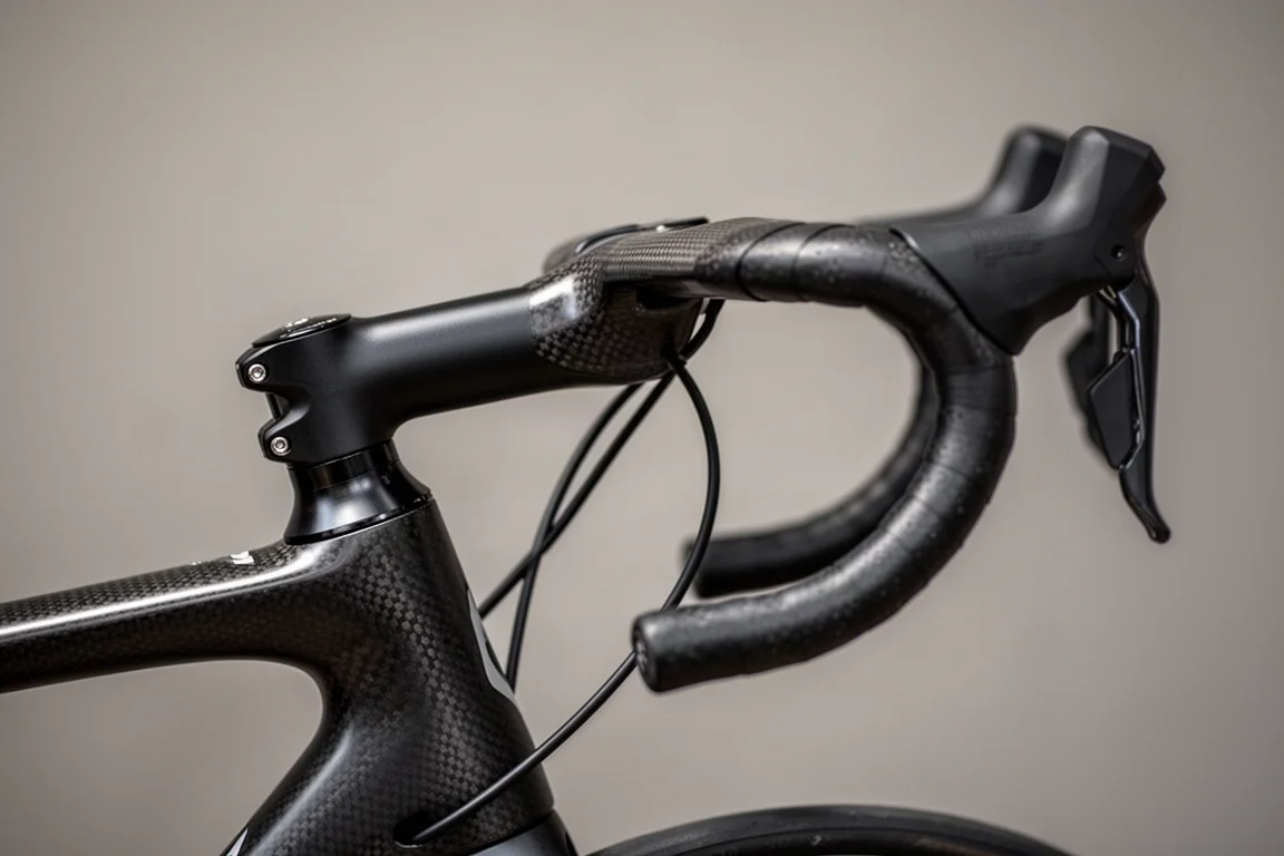 Gros plan sur un cintre et une potence monoblocs en carbone de vélo de route