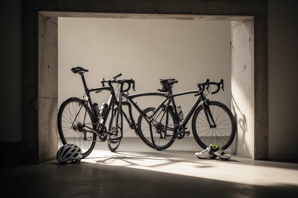 Vélo de route appuyé dans l'embrasure d'un garage, à côté d'un casque et de chaussures