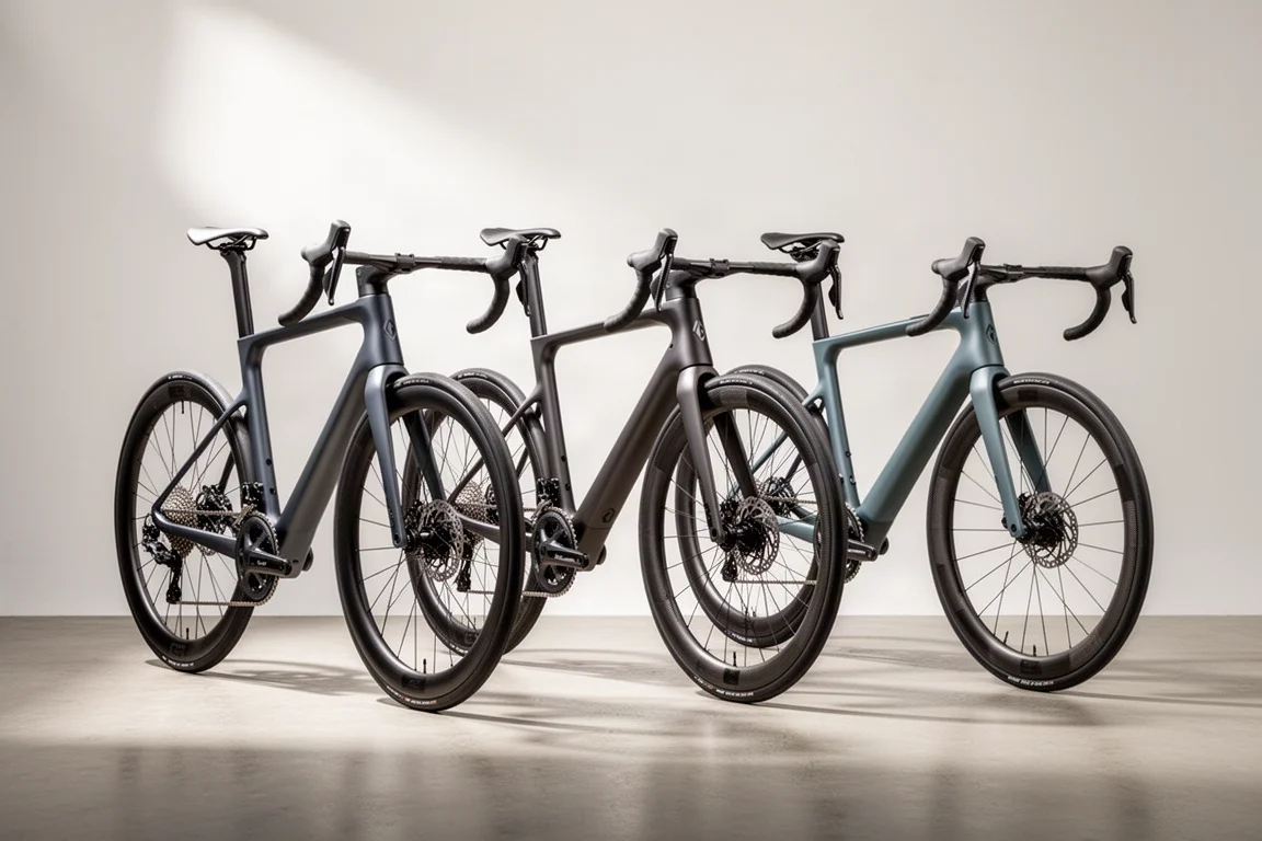 Drie moderne racefietsen met diepe carbonwielen op een rij in een studio