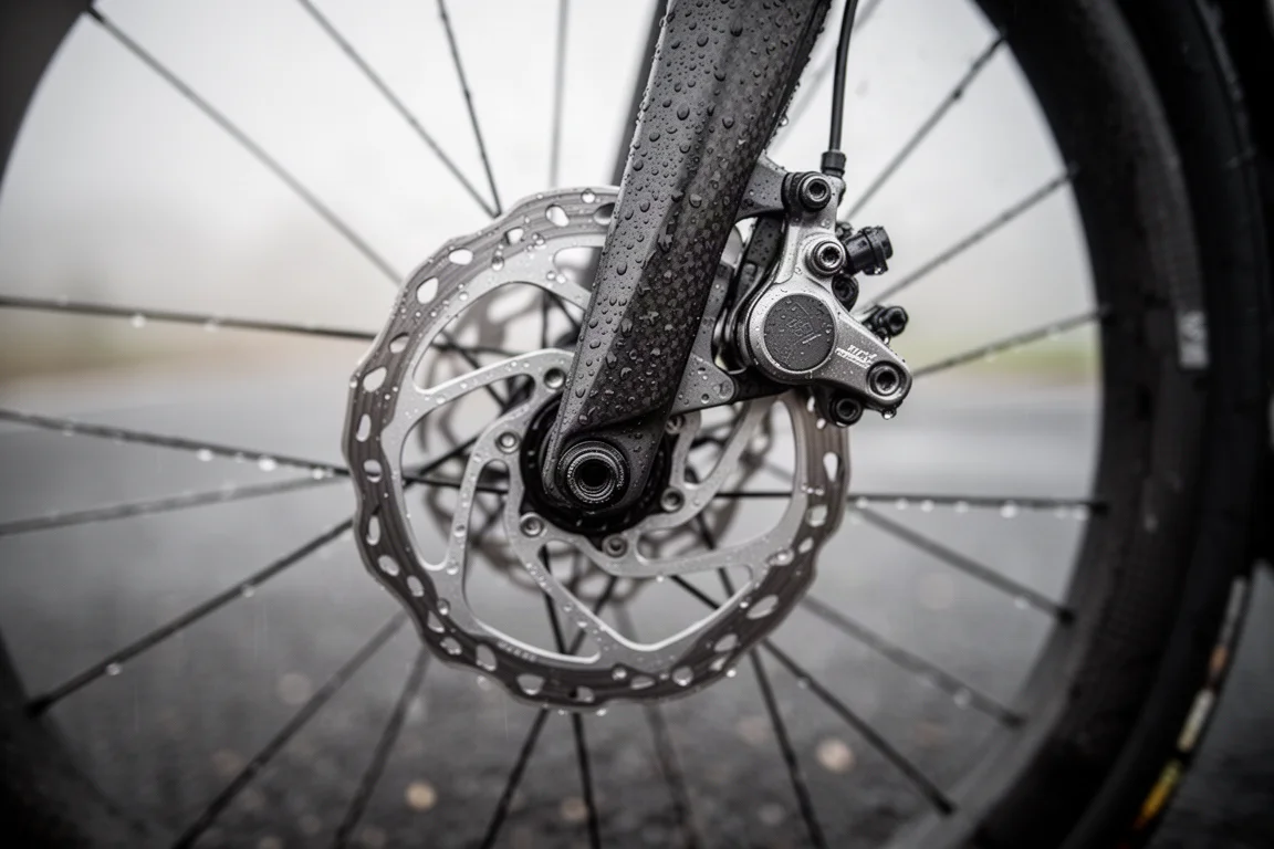 Närbild på en racercykels bromsskiva och bromsok på ett vått hjul