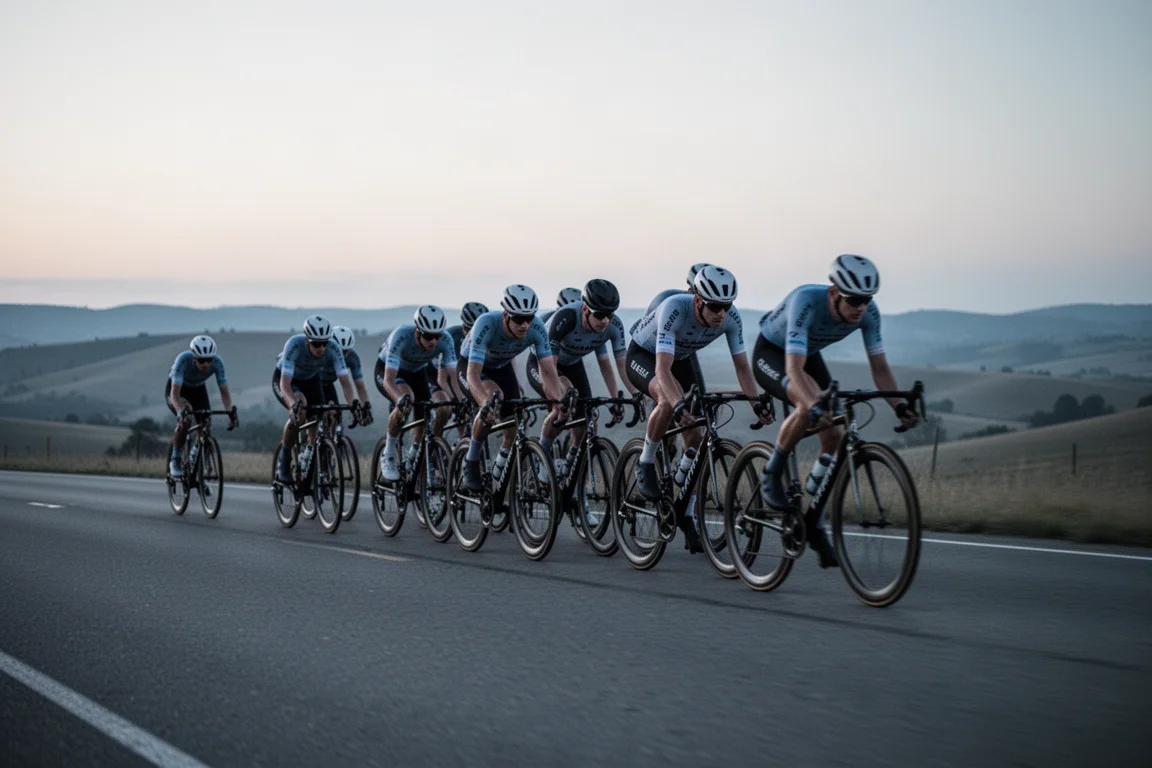 Grupp racercyklister som kör i rad på en öppen väg i skymningen