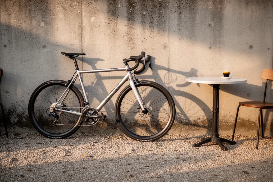 Racercykel lutad mot en betongvägg intill ett kafébord i sena eftermiddagsljuset