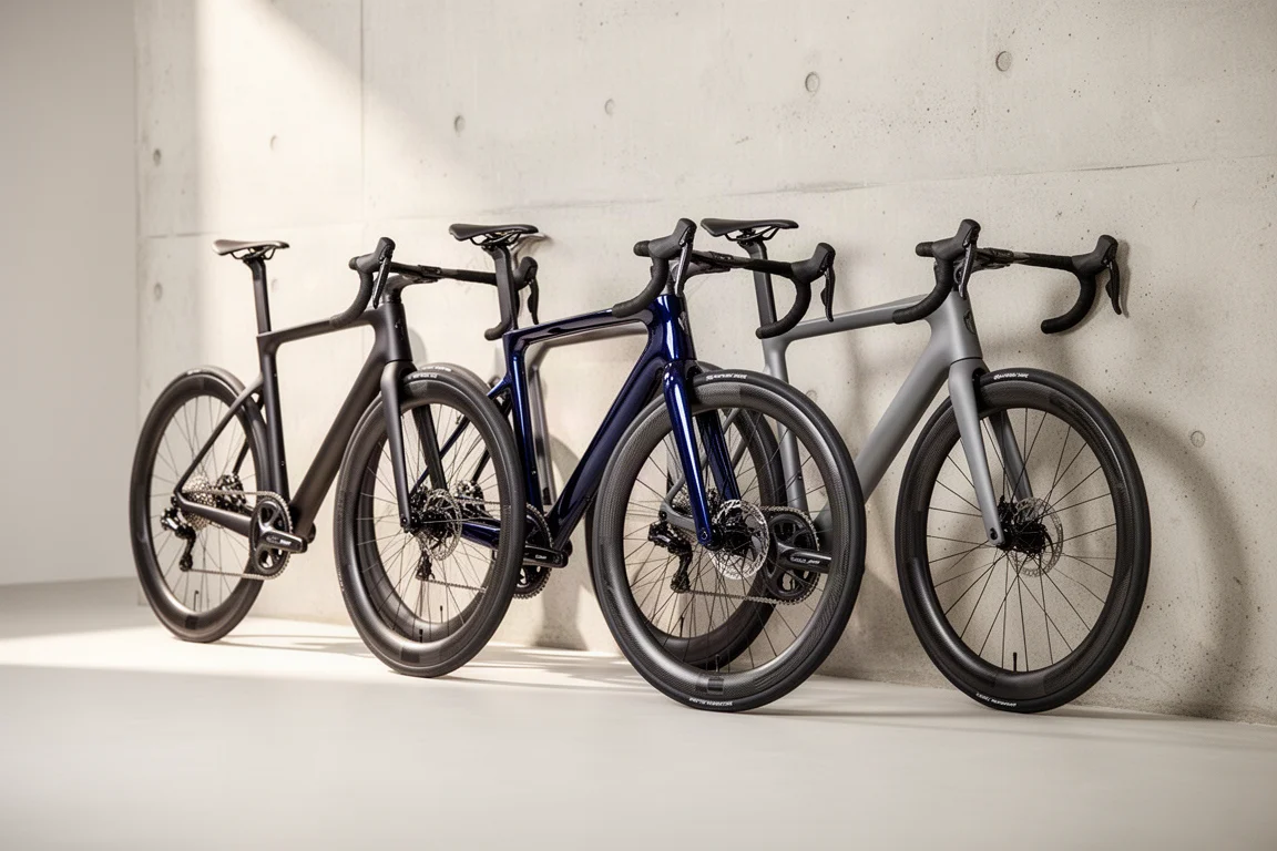 Drie carbon racefietsen in een minimalistische studio tegen een lichtgrijze betonnen muur