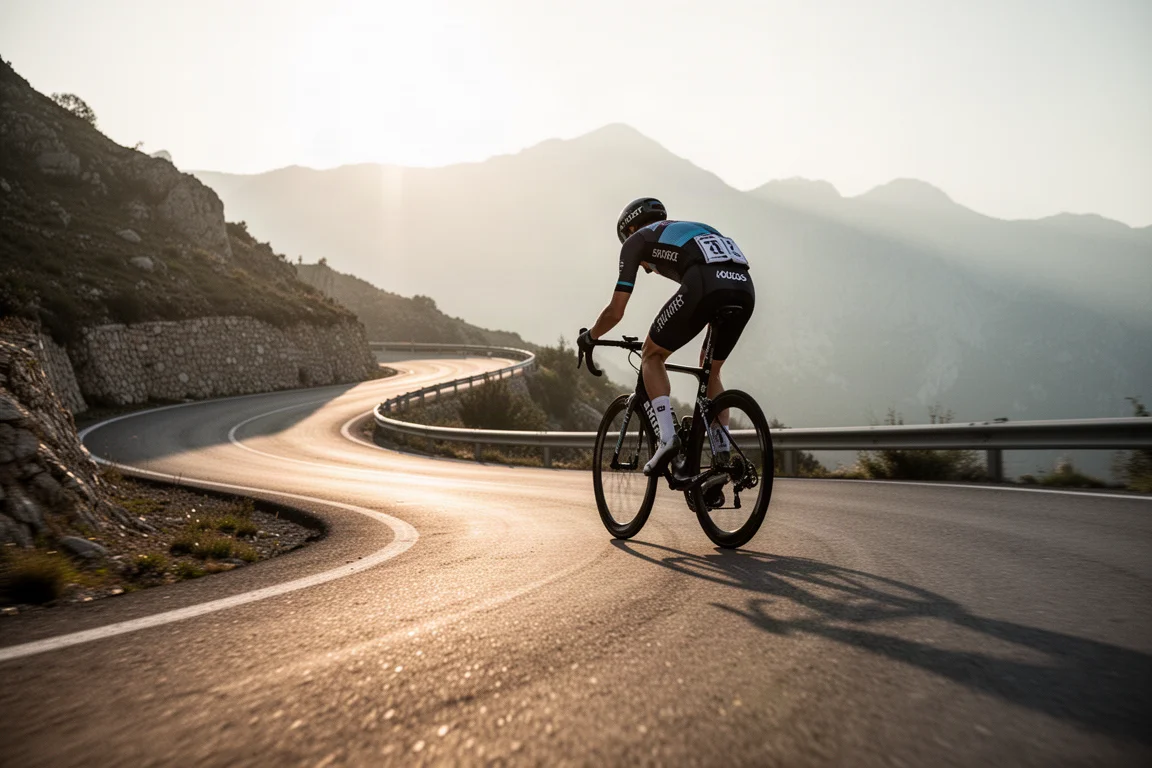 Ciclista su strada in sella a una bici da corsa lungo una discesa tortuosa nella luce del mattino