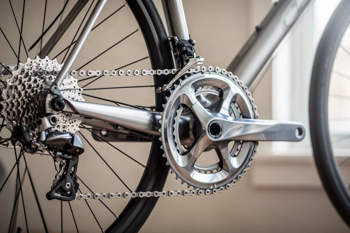 Primo piano della trasmissione di una bici da strada con corone grandi e cassetta