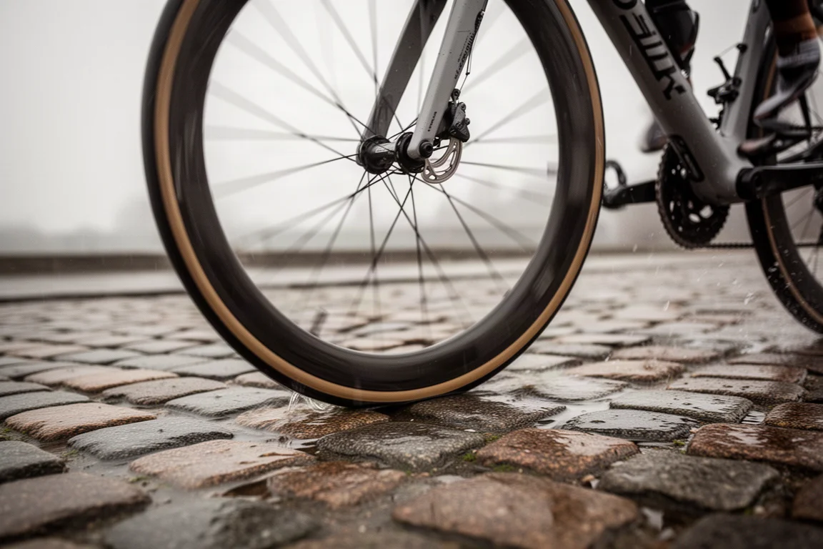 Ruote di bici da corsa che scorrono su un fondo stradale sconnesso in pavé