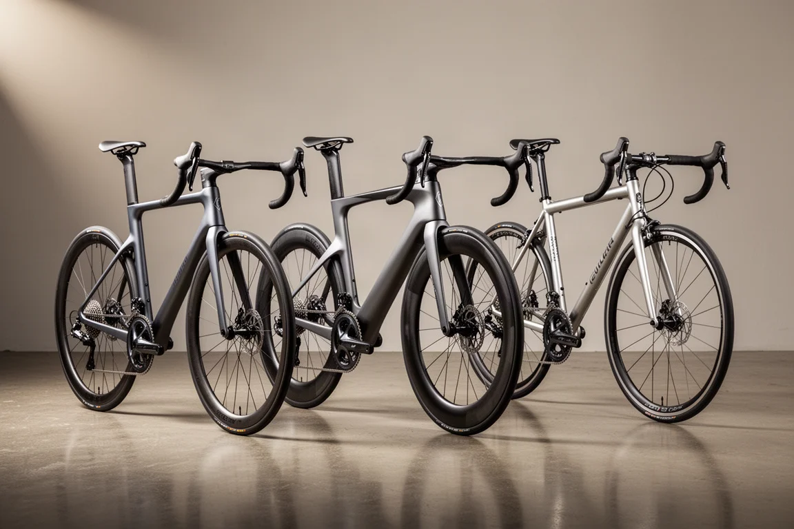 Drie racefietsen op een rij op een gepolijste betonvloer in een studio