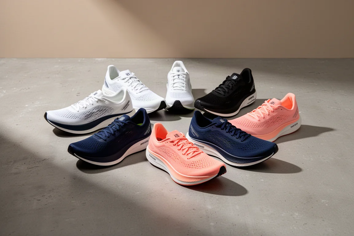 Seven road racing super shoes arranged in a fan pattern on a matte concrete surface