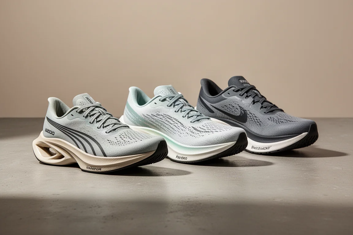 Three road running shoes with different stack heights arranged on concrete