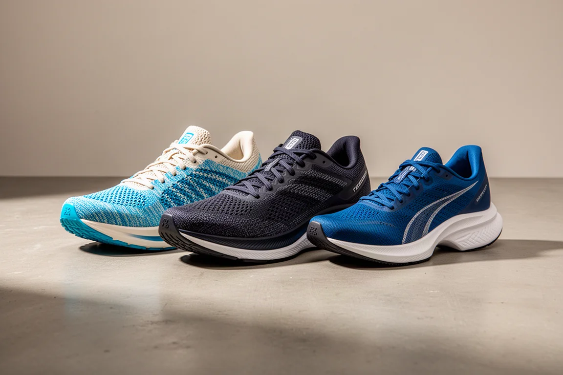 Three road running shoes arranged in a row on a concrete surface