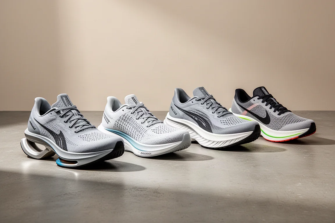 Lineup of seven modern road running shoes on a concrete surface