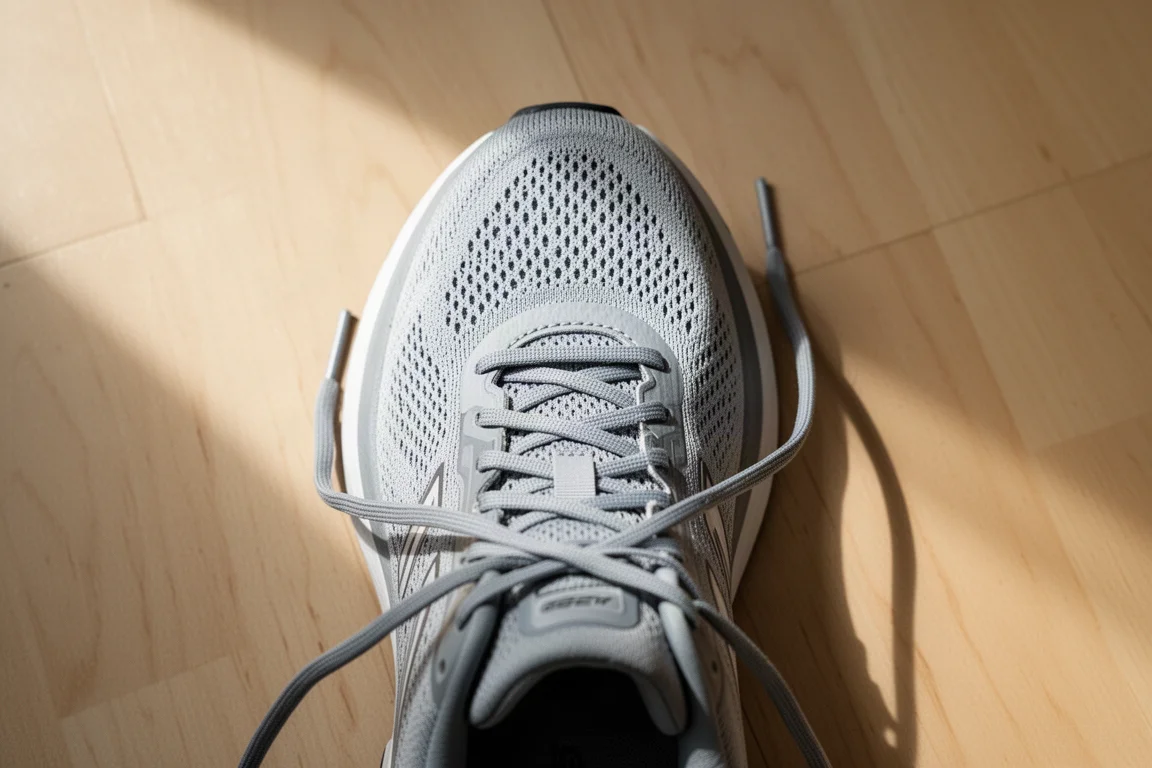 Primo piano dei piedi di un corridore con le dita naturalmente divaricate all'interno di un ampio toe box