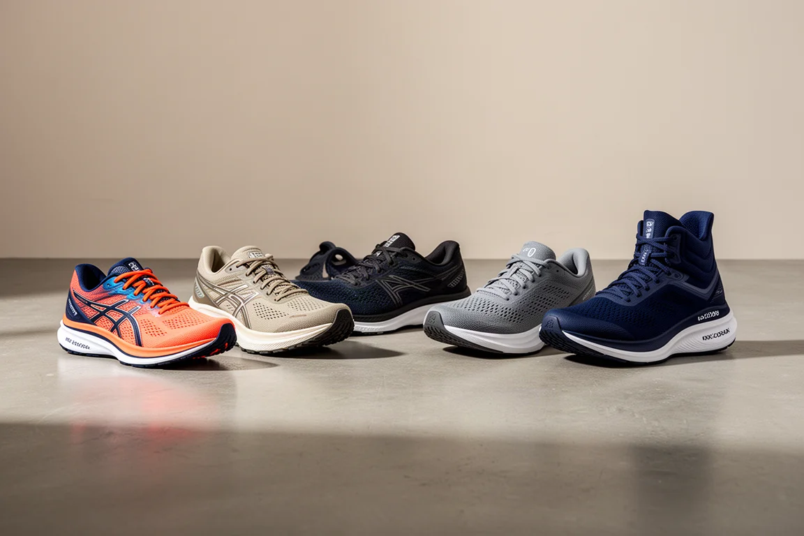 Sechs Straßenlaufschuhe unterschiedlicher Marken stehen in einer Reihe auf einem grauen Studiofußboden