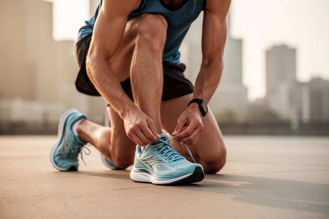 Un coureur en train de lacer une chaussure de running légère sur un trottoir en ville