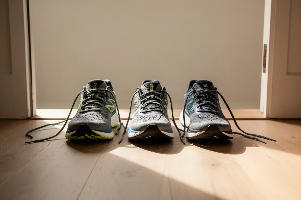 Trois chaussures de running alignées devant la porte d'un coureur après la sortie