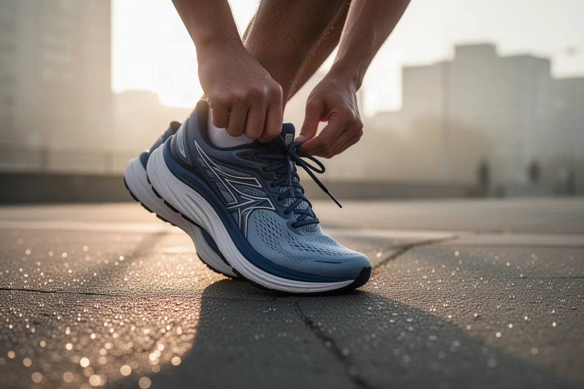 Un corridore allaccia le scarpe su una scarpa da corsa su strada alta e ammortizzata prima di una facile uscita mattutina