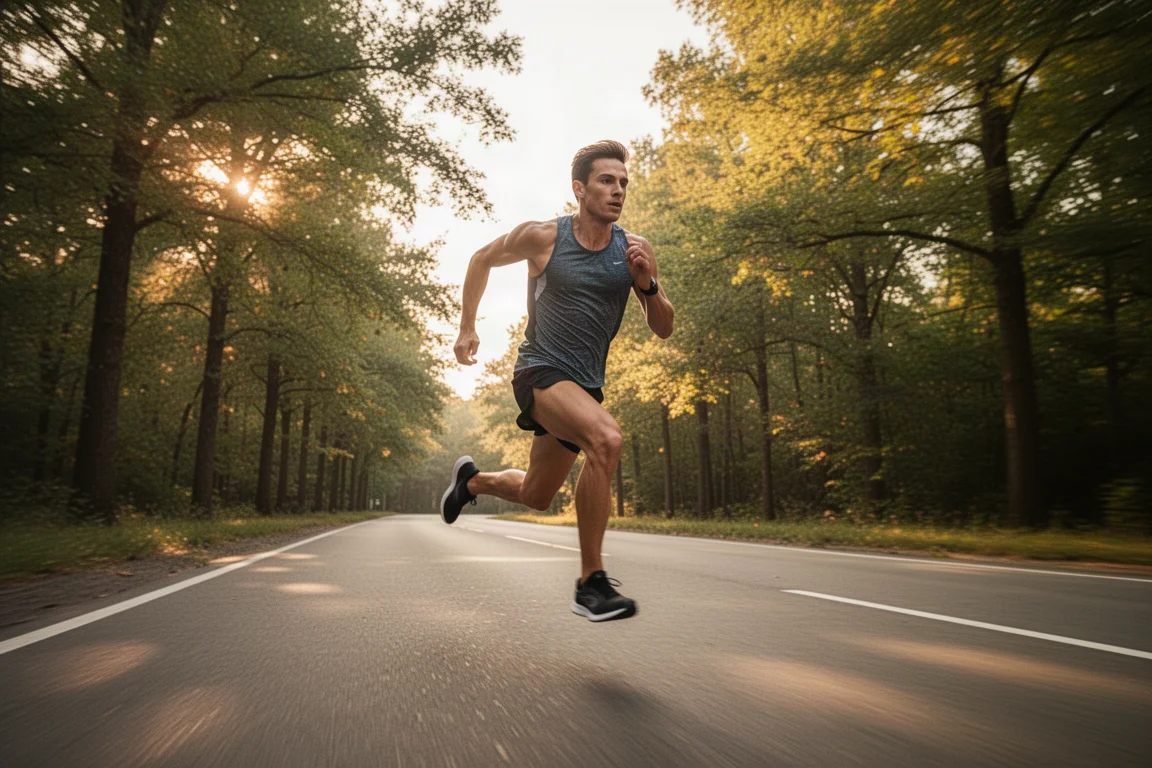 Un atleta corre veloci ripetute su una strada alberata durante una seduta di tempo