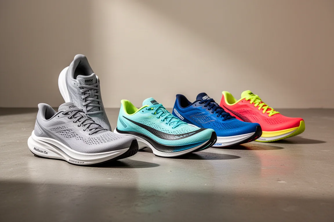 Lineup of road running shoes on a grey studio floor