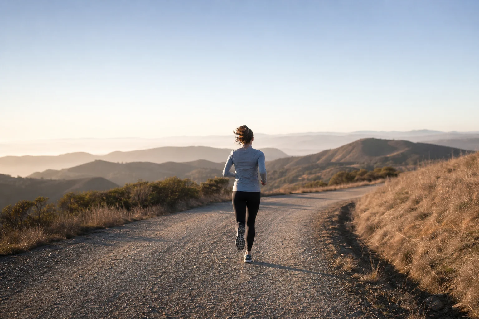 Runner on a gravel fire road with soft morning light